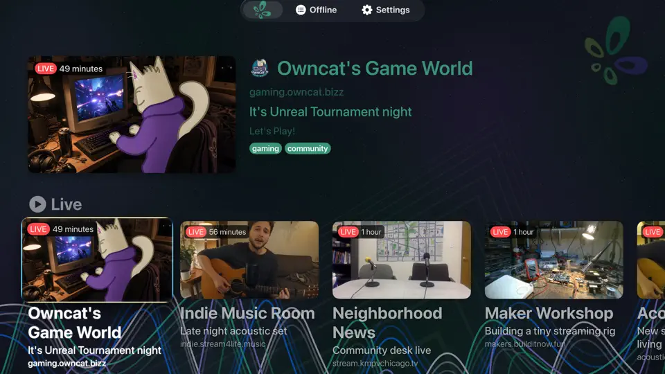 Owncasts Apple TV home screen