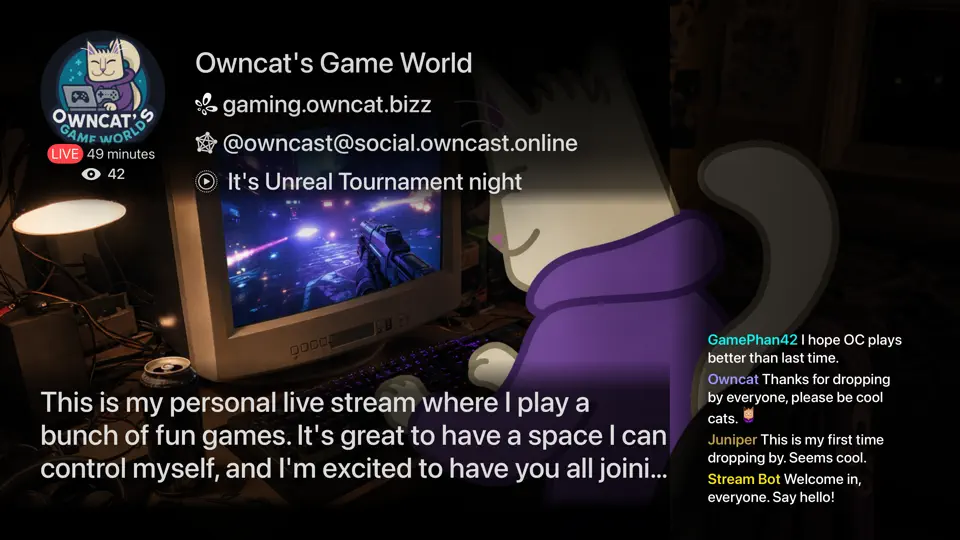 Owncasts Apple TV server chat screen