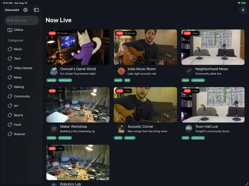 Owncasts iPad home screen